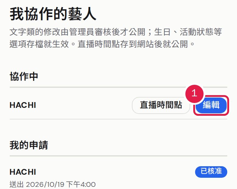 1. 核准之後,到「我協作的藝人」按「編輯」。