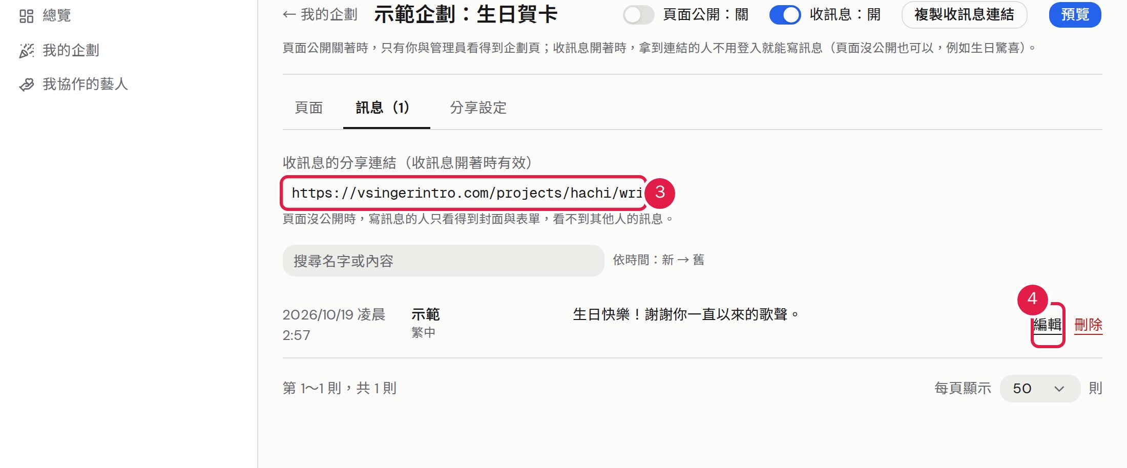 3. 把「收訊息的分享連結」分享給大家。 4. 每一則訊息都可以「編輯」或「刪除」。