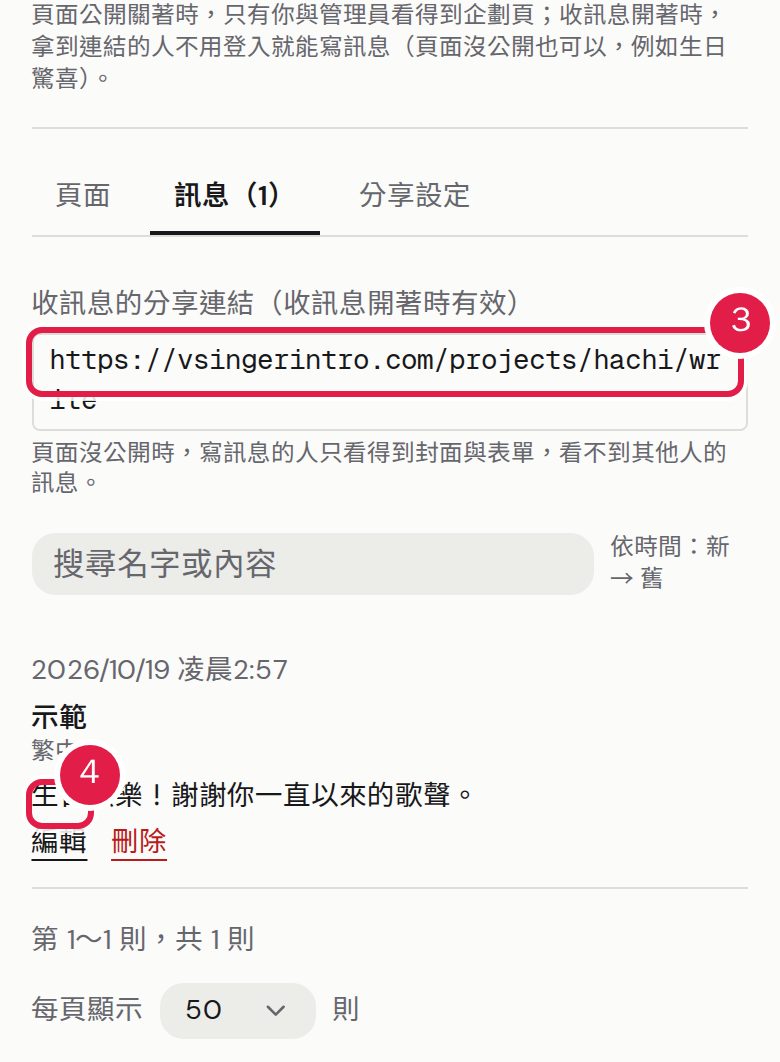 3. 把「收訊息的分享連結」分享給大家。 4. 每一則訊息都可以「編輯」或「刪除」。