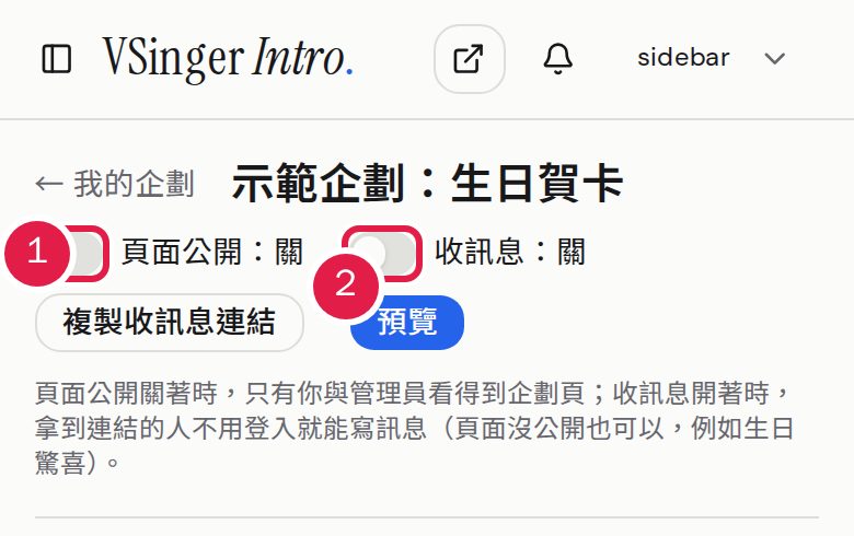 1. 打開「頁面公開」,所有人都看得到企劃頁。 2. 打開「收訊息」,拿到連結的人就能寫祝福;兩個開關互相獨立。